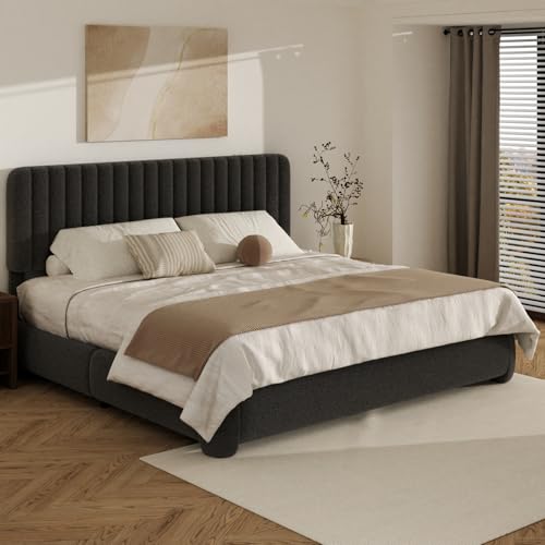 King Size Cloud Bed Frame, Upholstered Boucle Platform Bed with Round Corner Adjustable Headboard, Modern Style, No Box Spring Needed, Never Squeak, Easy Assembly, Black - color: Black, size: King