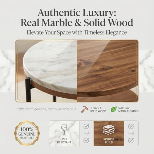 Lyra Round Marble End Table – Solid Acacia Wood Shelf, Open Storage Side Table for Living Room, Bedroom, Entryway, Small Spaces – Nightstand, Plant Stand, Modern Accent Table with Metal Frame - color: Lyra White