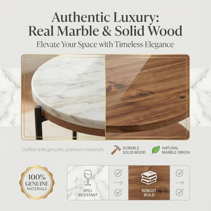 Lyra Round Marble End Table – Solid Acacia Wood Shelf, Open Storage Side Table for Living Room, Bedroom, Entryway, Small Spaces – Nightstand, Plant Stand, Modern Accent Table with Metal Frame - color: Lyra White