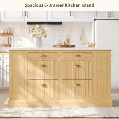 63" Kitchen Island with Storage, Farmhouse Stationary Island Table with 6 Drawers & Open Shelves, Heat-Resistant Countertop Storage Cabinet for Kitchen, Natural
