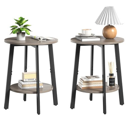 sthmec Side Table Set of 2, Small Round End Table with Storage Shelf for Small Space, 2-Tier Bedside Table Sofa Couch Table, Nighstands Set of 2 Accent Table for Living Room, Bedroom, Grey - color: Grey