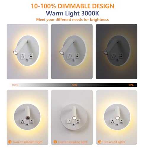 LED Round Wall Lamp Dimming Wall Mounted Reading Lights, Adjustable Headboard Plug in Wall Sconce with USB+USB C Ports, Headboard Bedside Lamp with 6W+3W Night Light 3000K (White) - color: White