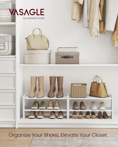 VASAGLE Shoe Rack for Closet, Stackable Organizer Shelf | Stackable Shoe Organizer Shelf for Entryway, 2 Tiers, 11.7 x 24.4 x 14.2 Inches, White, CUSTOS Collection, ULBS062WZ01S - size: 2 Tiers (24.4"W)