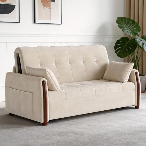 62.9" Pull Out Sofa Bed with Storage, Convertible Sleeper Sofa White | Modern fabric sleeper couch with foldable design, side pockets, futon style, ideal for living rooms, small spaces. - color: White