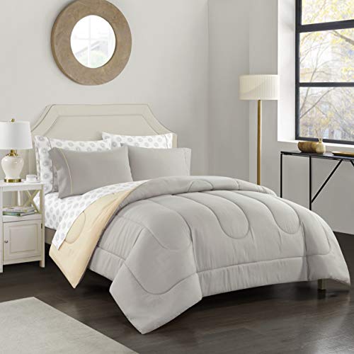 Idea Nuova Casa 7-Piece Solid Reversible Comforter Set with Bonus Sheets, Light Gray, Queen, 86"" x86 (WK699210) - color: Light Gray, size: Queen