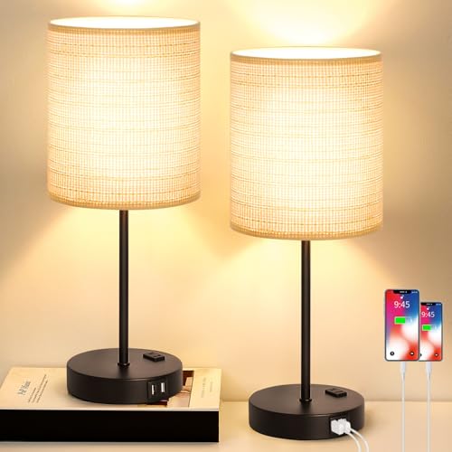 Lynnoland Set of 2 Touch Control Table Lamps, 3-Way Dimmable Bedside Nightstand Lamps for Bedroom Living Room Nursery, 800 Lumens 3000K Warmlight Bulbs Included - color: （2 Pack) Rattan & Black(Base)-3000K Bulbs Included