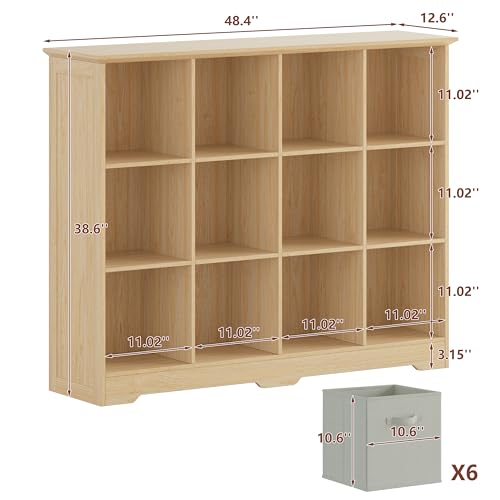 VORONOI 12 Cube Storage Organizer with 6 Fabric Drawers and Removable Shelves — Modular Cube Bookshelf for Bedroom, Living Room, or Home Office, Short Cube Bookcase for Toys, Decor,Natural Wood - color: Natural Wood, size: 12-Cube