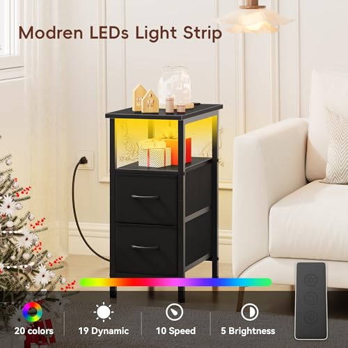 Set of 2 Black Nightstand with Charging Station and LED Lights, Narrow Side Table, LED Night Stand with 2 Fabric Drawers, Bedside Table Small End Table, Tall Nightstand for Bedroom, Black - color: Black, size: 2, style: With LEDs