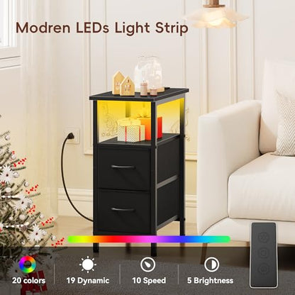 Set of 2 Black Nightstand with Charging Station and LED Lights, Narrow Side Table, LED Night Stand with 2 Fabric Drawers, Bedside Table Small End Table, Tall Nightstand for Bedroom, Black - color: Black, size: 2, style: With LEDs