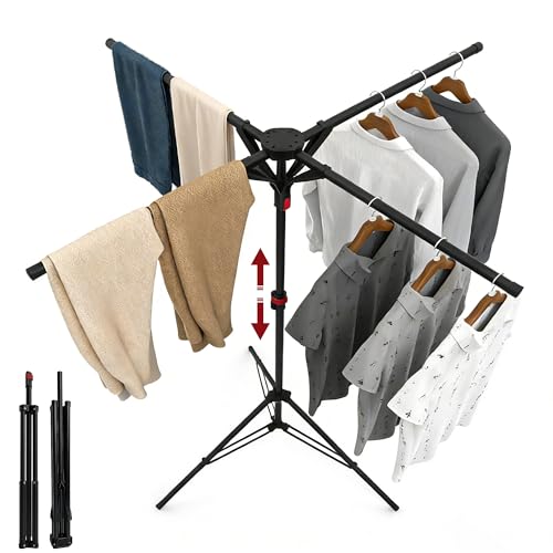 Clothes Drying Rack Foldable, Adjustable Height with Fold Button | Stable Tripod Base, Rust-Resistant, Quick Fold Button, Independent Rod Adjustment, Fits 90°/180°/270° Corners