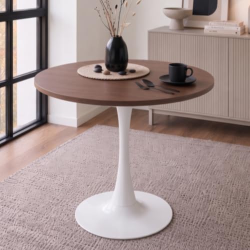31.5" Small Round Dining Table for 2, [Sturdy Metal Tulip Base] Modern Circle Kitchen Table, for Dining Room Apartment Office Space Saving - color: Brown With White Base, size: 31.5"