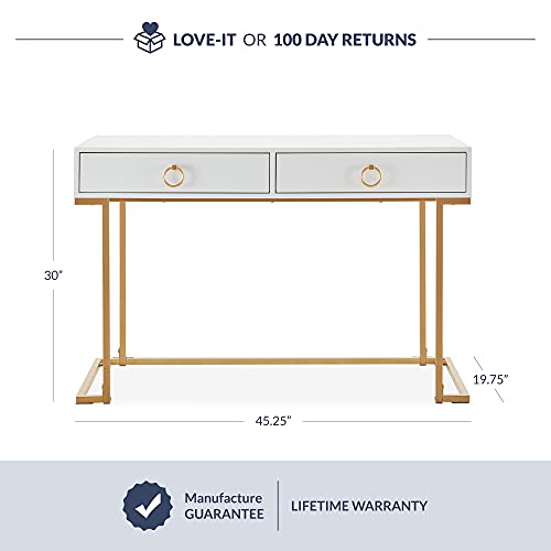 BELLEZE Vanity Desk with 2 Drawers, 45 Inch Computer Desk Mordern Vanity Makeup Dressing Table Home Office Desk Laptop Study Writing Table with Gold Metal Frame, White - color: White, size: 45" L Shape