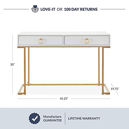 BELLEZE Vanity Desk with 2 Drawers, 45 Inch Computer Desk Mordern Vanity Makeup Dressing Table Home Office Desk Laptop Study Writing Table with Gold Metal Frame, White - color: White, size: 45" L Shape