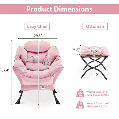 Youtanic Lazy Chair with Folding Ottoman, Accent Chair Velvet Upholstered with Metal Structure and Non-Slip Pads, Sofa Armchair with Footrest and Side Storage Bag for Dorm, Room, Office, Pink - color: Pink