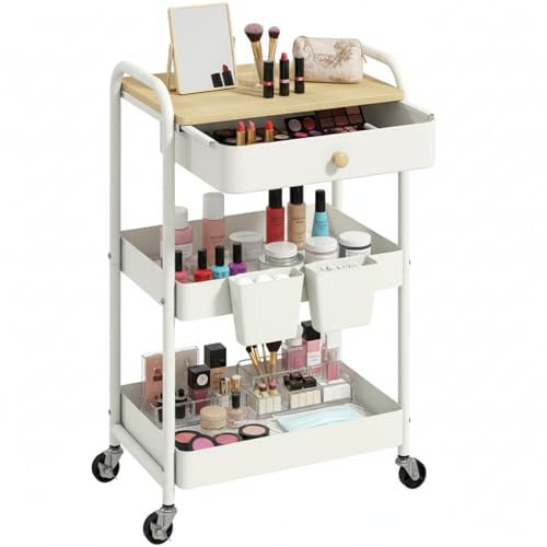 3 Tier Rolling Cart with Wooden Table Top, White Rolling Utility Cart with Drawer & Locked Wheels, Easy Assembly for Nursery, Living Room, Studio - color: White