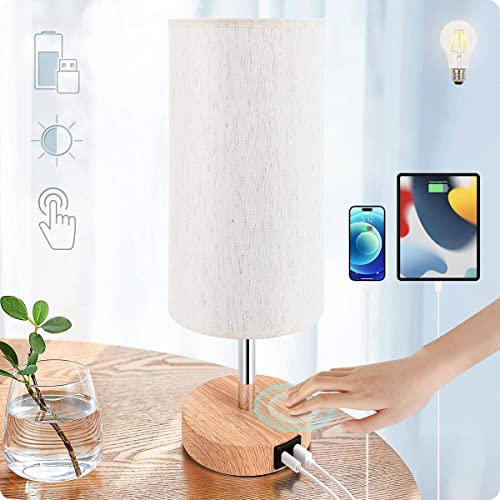 Yarra-Decor Bedside Lamp with USB A+C Port - Touch Control Table Lamp for Bedroom Wood 3 Way Dimmable Nightstand Lamp with Round Flaxen Fabric Shade for Home Office (LED Bulb Included) - color: USB A+C