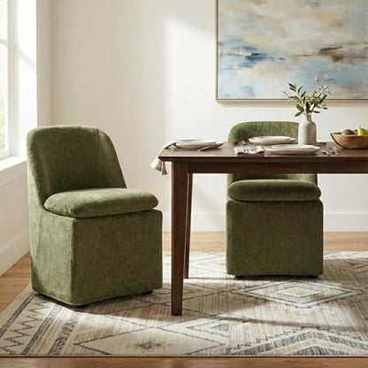 KISLOT Upholstered Dining Chairs with Casters, Washable Cover Modern Dining Room Chairs with Thick Cushion & Sturdy Metal Frame for Kitchen, Living Room, Dressing Room, Green Fabric, Set of 2 - color: Green, size: set of 2