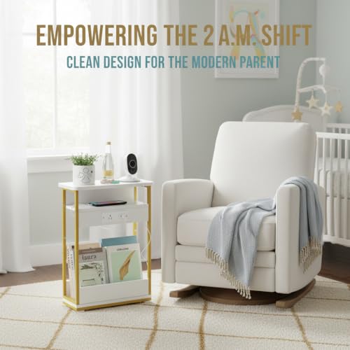YEAKOO Narrow Side Table with Charging Station, 3-Tier End Table with 2 USB Ports & Power Outlets, Thin Sofa Side Table for Small Spaces, Bedside Table Nightstand for Living Room, White+Gold - color: White+gold