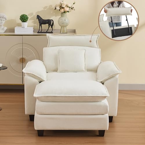 46''Cloud Oversized Sofa Chair with Detachable Headrest, Upholstered Comfy Arm Accent Chair with Ottoman,Modern Chenille Reading Lounge Armchair for Living Room,Bedroom, Beige - color: Beige, size: Oversized Chair with Ottoman