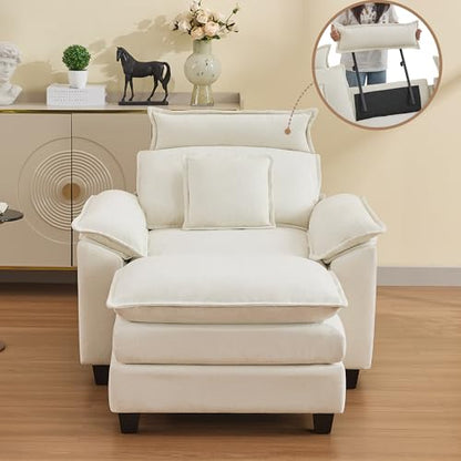 46''Cloud Oversized Sofa Chair with Detachable Headrest, Upholstered Comfy Arm Accent Chair with Ottoman,Modern Chenille Reading Lounge Armchair for Living Room,Bedroom, Beige - color: Beige, size: Oversized Chair with Ottoman