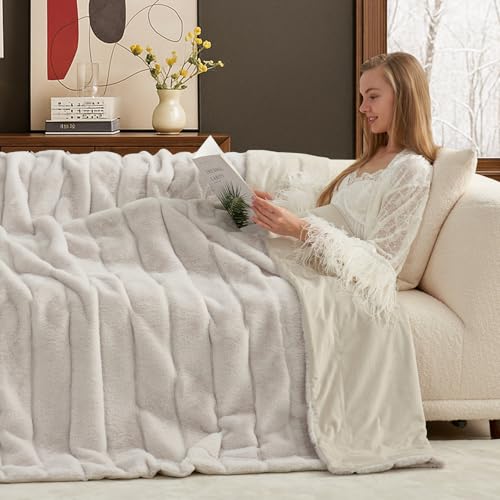 Cozy Bliss Deluxe Sheared Rabbit Faux Fur Throw Blanket, Soft Fuzzy High-Low Sculpted Plush Blanket for Couch, Cozy Home Accent, All Season Use, Beige 50"x60" - color: Stripe - Beige, size: Throw(50" x 60")