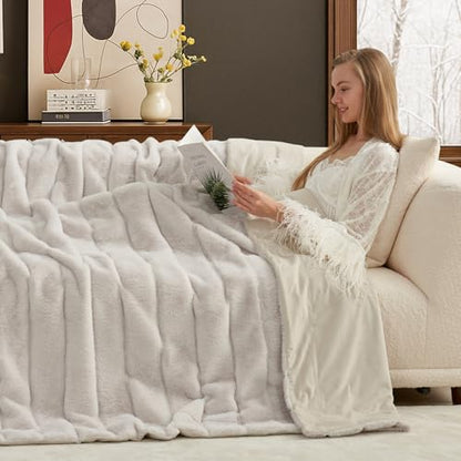 Cozy Bliss Deluxe Sheared Rabbit Faux Fur Throw Blanket, Soft Fuzzy High-Low Sculpted Plush Blanket for Couch, Cozy Home Accent, All Season Use, Beige 50"x60" - color: Stripe - Beige, size: Throw(50" x 60")