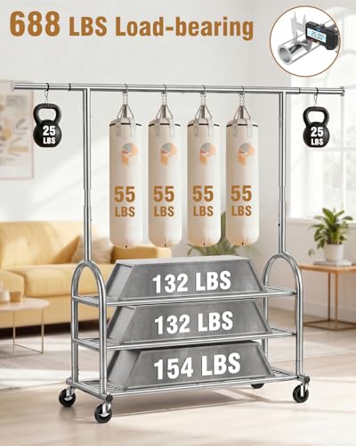 Heavy Duty Clothes Rack for Hanging Clothes Load 688 LBS, Height Adjustable Rolling Clothing Racks, Portable Metal Coat Rack Garment Wardrobe with Wheels and 3 Shelves for Bedroom, Silver - color: Silver, style: 3 Shelves