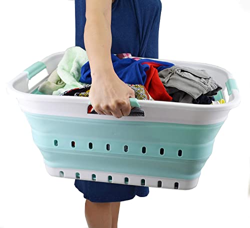 SAMMART 42L (11 gallon) Collapsible Plastic Laundry Basket - Foldable Pop Up Storage Container/Organizer - Portable Basket - Space Saving Hamper/Basket (2, White/Lake Green) - color: White/Lake Green