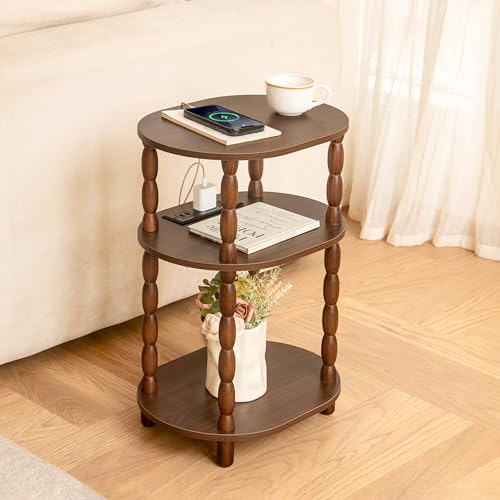 MaxSmeo Small Side Table with Charging Station, 3-Tier Small End Table with USB Ports and Outlets, Modern Oval Night Stand Accent Table for Living Room, Bedroom, Walnut Brown - color: Walnut Brown Charging Station