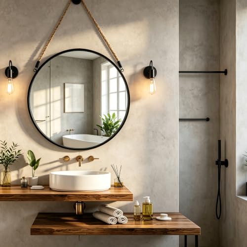 POZINO 20" Round Mirror with Black Metal Frame, Hanging Mirror for Wall | Circle HD Mirror with Jute Rope, Anti-Rust, Farmhouse Decorative Wall Mirror for Entryway, Living Room, Fireplace, Bathroom - color: Black, size: 20"L x 20"W
