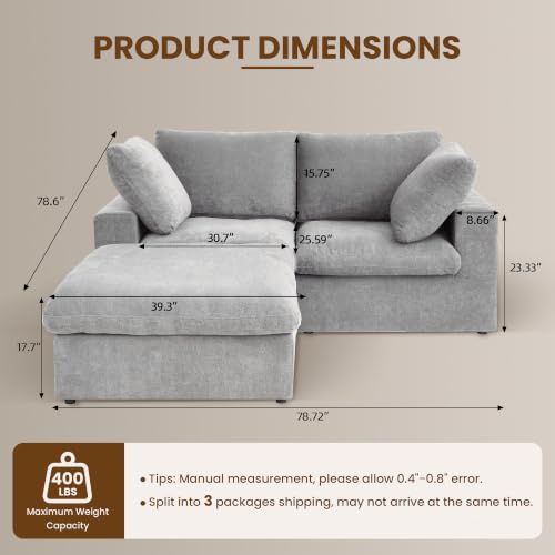 79" Cloud Modular Sofa, Convertible Modular Loveseat Couch with Storage Ottoman, Cotton Linen Fabric Sofa for Living Room, Apartment and Bedroom, Removable Covers, 2 Pillows, Grey - color: Grey, size: LoveSeat+1 Ottoman
