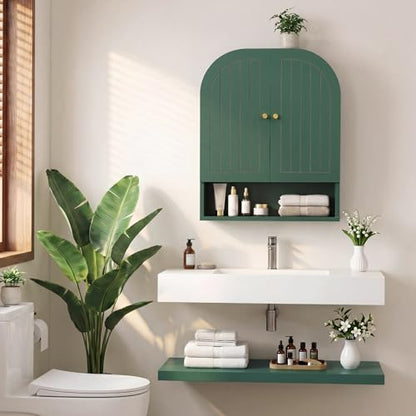 Arched Wall Mounted Medicine Cabinet, 23.5" Bathroom Cabinet with Double Doors, Fluted Grooved Design & Soft-Close Hinges, Over the Toilet Storage with Adjustable Shelf for Small Spaces (Green)