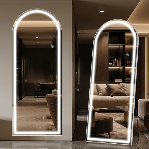 Antok LED Full Length Mirror with Light, 56"x20" Lighted Full Body Mirror with Stand, Dimmable & 3 Color Lighting Standing/Leaning/Wall Mounted Vanity Mirror for Bedroom Cloakroom Livingroom(Arched) - size: 56"L x 20"W, style: Arched Style