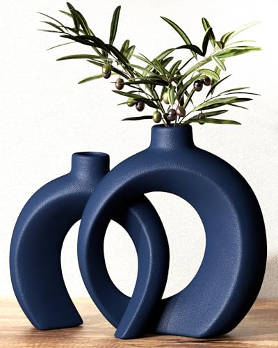 Blue Vase Set of 2 - Donut Navy Vases Home Decor, Modern Coastal Decor - Decorative Vase, Ceramic Decorations for Living Room Coffee Table Bookshelf Shelf Console Mantle (Matte Navy Blue) - color: Matte Navy Blue
