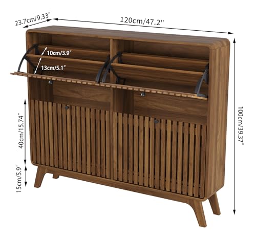 Jluomei Large Shoe Cabinet for Entryway, Bamboo Narrow Shoe Cabinet Storage with 4 Flip Drawers, Slim Fluted Shoe Rack Organizer for Entry Way, Hallway, Thin, Skinny, Wood, Walnut - color: Walnut-4 Drawers