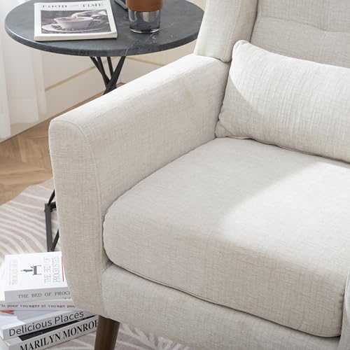 Accent Chair, Living Room Chairs with Solid Wood Legs & Pillow | Chairs Living Room with High Tufted Backrest, Reading Chair for Bedroom/Office, Chenille Fabric - color: Beige(a)