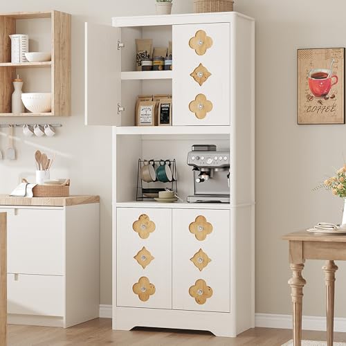 Garvee 72" Tall Pantry Cabinet, Kitchen Hutch Storage Cabinet with Countertop for Microwave, Freestanding Wooden Cupboard with Carved Door & Crystal Handle, for Dining Room, Living Room, Antique White - color: Antique White