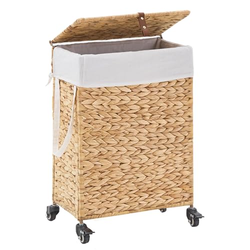 Rolling Laundry Hamper with Lid and Wheels, Slim Laundry Basket with Removable Liner Bag & 2 Mesh Bags, Handwoven Water Hyacinth Clothes Hamper for Bedroom Bathroom (Natural, 50L) - color: Natural/With Lid/50L