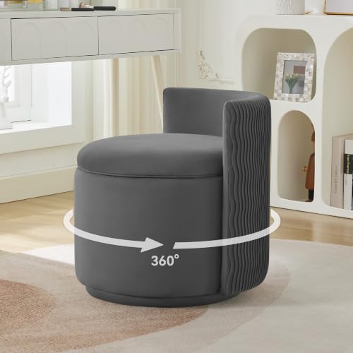 Large Velvet Vanity Chair, 360° Swivel Makeup Chair with Storage, Grey | Modern Wide Vanity Stool with Wave Back, No Assembly Barrel Upholstered Closet Stool for Bedroom, Dressing Room, Living Room - color: Grey, size: Large