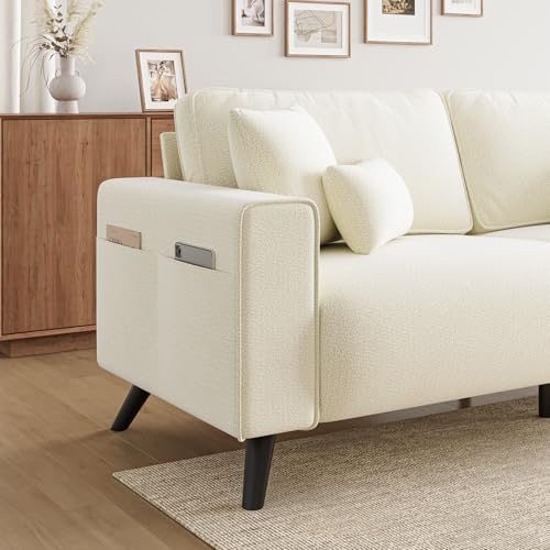85" Loveseat Sofa, Chenille Couch with Deep Seat, Warm White | Clean-look modern couch with 4 pillows, hidden side pockets, easy assembly for living rooms, apartments, and offices - color: Warm White