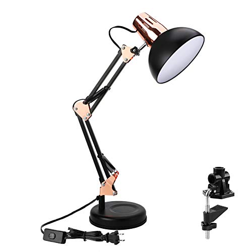 PowerKing Metal Swing Arm Desk Lamps with Base & Clamp, Black Rose Gold | Adjustable Architect Lamp, On Off Switch, Fits E26 E27 Bulbs, Eye-Caring Reading Light, for Home Office Work Study - color: Black Rose Gold