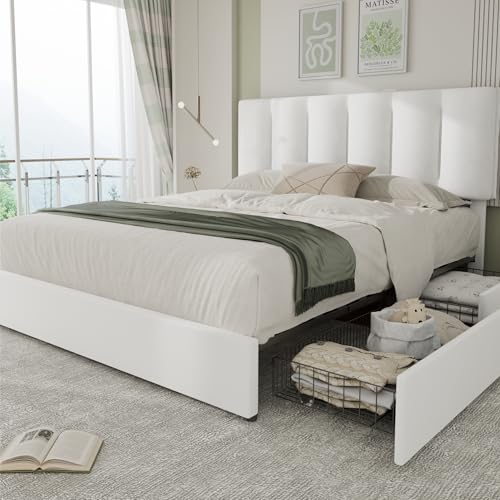 VECELO Queen Size Bed Frame with 4 Storage Drawers, Adjustable Height Headboard, Heavy-Duty Platform Bedframe with Strong Wooden Slats, No Box Spring Needed, Pure White - color: Velvet & White, size: Queen, style: Bed Frame With Drawers