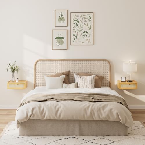 Floating Nightstand,Wall Mounted Night Stand with Drawer,Small Floating Shelves,Floating Wood Bedside Table for Bedroom、Living Room、Bathroom - color: Yellow, style: Bohemian