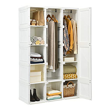 Tangkula Portable Closet Wardrobe, Foldable Clothes Organizer with Cubby Storage, Hanging Rods, Easy Assemble Clothing Storage with Magnet Doors, Folding Bedroom Armoire (10 Cubbies & 2 Rods)
