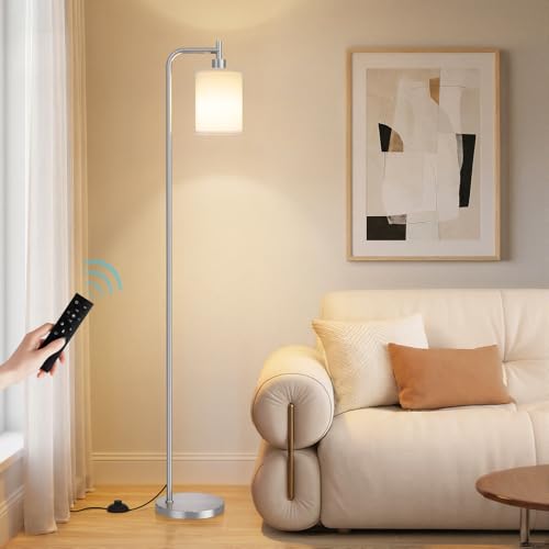 Ziisee 64" Floor Lamp for Living Room with Remote Control, White Shade with Brushed Nickel Pole, Dimmable Tall Lamps for Bedroom Office Corner, 9W LED Bulb Included - color: Brushed Nickel