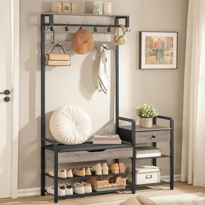 HOOBRO Hall Tree with Bench, Shoe and Coat Rack for Entryway, Coat Rack with Bench, Flip Top Storage Box, PU Cushioned Seat, Non-Woven Fabric Drawer, for Entrance, Greige and Black BG110MT01 - color: Greige + Black