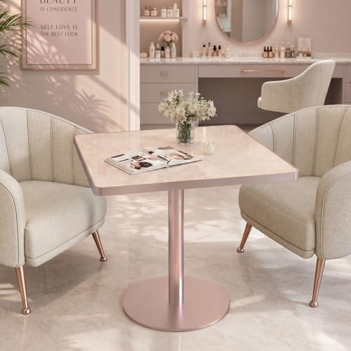31.5'' Tulip Table, Square Dining Table with Glossy Sintered Stone Tabletop | Rose Gold Aluminum Alloy Edge & Pedestal, Small Bistro Table for Dining Room/Café/Small Spaces/Restaurant (Blush Onyx) - color: Blush Onyx (Rose Gold), size: Square