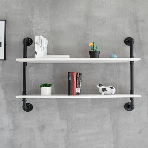 HDDFER Floating Bookshelf Bathroom Shelves Over Toilet Industrial Pipe Shelving Pipe Shelves Rustic White Wall Shelves 36 Inch Farmhouse Book Shelves for Wall Mounted - color: White, size: 2Tier36in