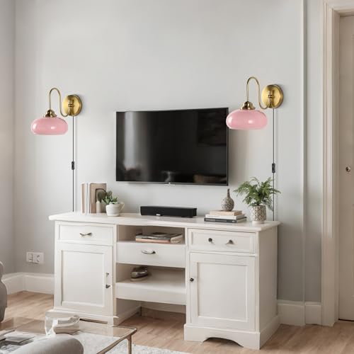 KCO Lighting Modern Pink Glass Wall Light Set of 2 Plug in Antique Brass Wall Sconce Pink and Gold Wall Sconces Bathroom Vanity Light Fixtures Plug in - color: Pink-2PC