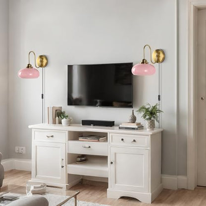KCO Lighting Modern Pink Glass Wall Light Set of 2 Plug in Antique Brass Wall Sconce Pink and Gold Wall Sconces Bathroom Vanity Light Fixtures Plug in - color: Pink-2PC